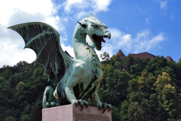 Dragon at Zmajski Most with castle Slovenia Ljubljana
