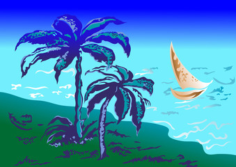 Fototapeta na wymiar Tropical landscape with vessel