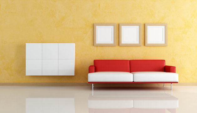 red and white sofa  in a orange living room -rendering