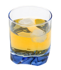 Single malt whiskey with ice cube isolated on white