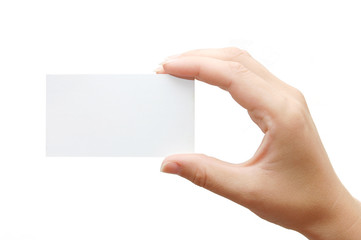 Paper card in woman hand isolated on white background
