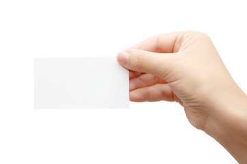 Hand holding an empty business card over white