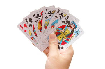 playing card in hand on white background