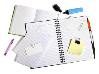 diary and post-it with shadows and white background