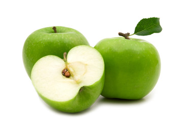three green apples on white background
