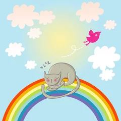 Abwaschbare Fototapete Katze schläft auf dem Regenbogen © smilewithjul