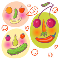 Abstract funny faces made of fruits and vegetables