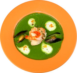 soup from spinach with shrimps and fuagra
