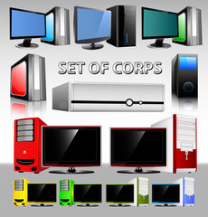 Set of computer corps and monitor. Vector.