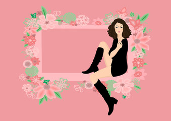 Beautiful woman in boots framed by abstract floral ornament