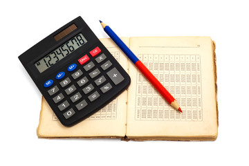 calculator, pencil and old book