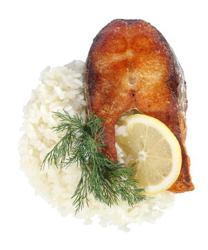 To fry fish with rice on a white background. (Mugil soiuy)