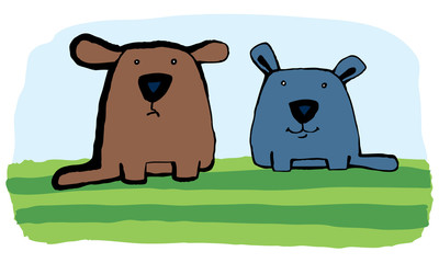 Two nice dogs sit on a grass