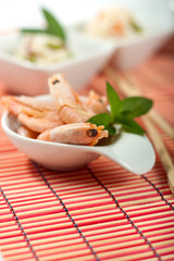 Shrimp and rice, dish with carrots ,corn and mint