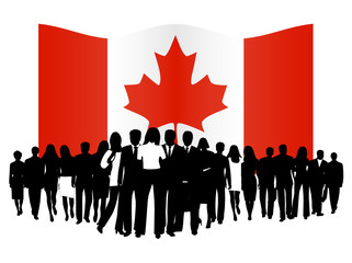 Illustration of people and flag