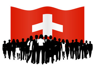 Illustration of people and flag