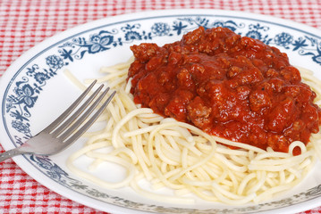 long noodle spaghetti with meat sauce and a fork