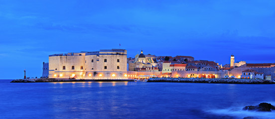 A panorama of an old city of Dubrovnik by night, Croatia