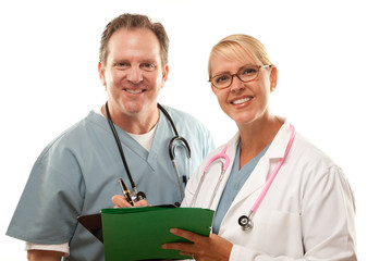 Male and Female Doctors Looking Over Files