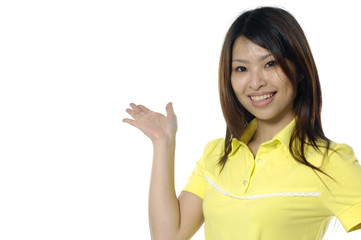 Portrait of a beautiful woman holding out her hand,