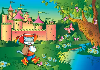 Peel and stick wall murals Castle Fairy tale. Puss in Boots