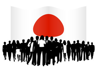 Illustration of people and flag