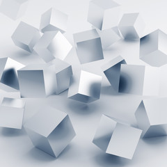 Falling and hitting silver cubes on a white background
