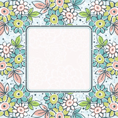 frame of hand draw  flowers on blue background