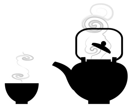 Silhouette noire sur fond blanc d'une théière et une tasse fuman