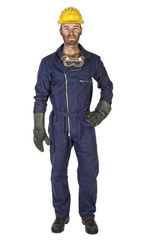 worker in blue overalls helmet standing isolated white background