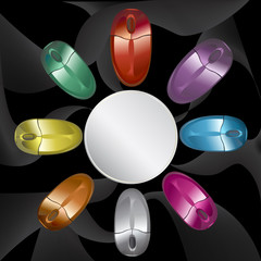 Several computer mice in various colors