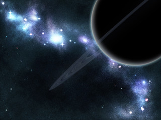 Digital created starfield with cosmic Nebula and planet