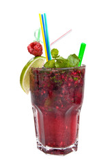 Energy mohito with mint, lime and raspberry isolated on white