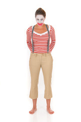 Sad female clown suspenders
