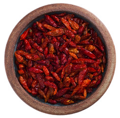 red hot chilies pepper in pottery bowl, isolated