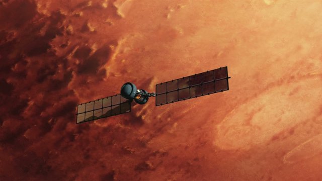 Satellite over red mars surface.