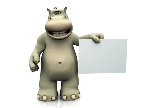 Cartoon hippo with blank sign.