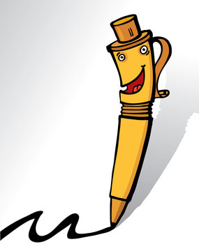 The cheerful character the pen   smiles and moves