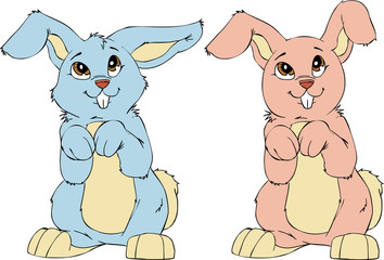 two rabbits (bunny) blue and pink sit on hinder legs