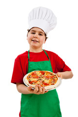 Boy holding pizza isolated on white background