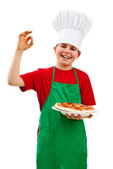 Boy holding pizza isolated on white background