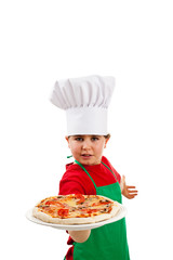 Boy holding pizza isolated on white background