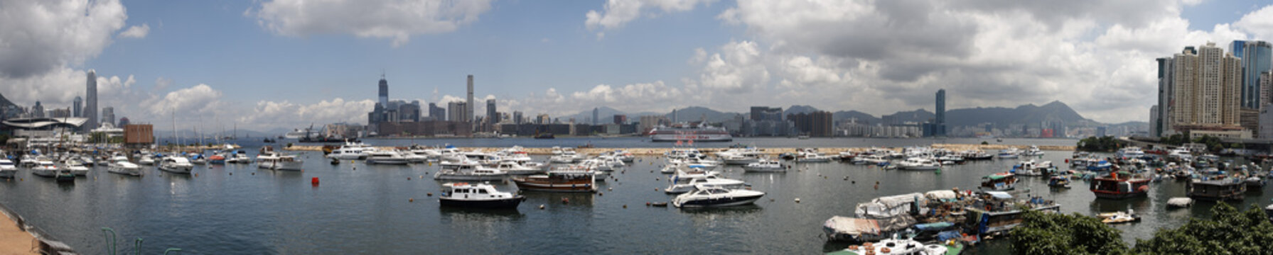 Panorama of Causeway Bay Harbor in Hong Kong