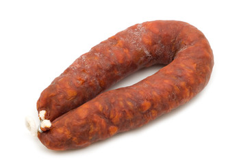 Iberian chorizo on white background