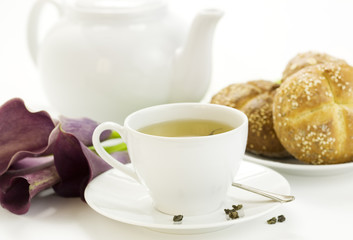 Breakfast whith green tea Crusty French Bread