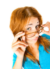 crazy girl in glasses isolated