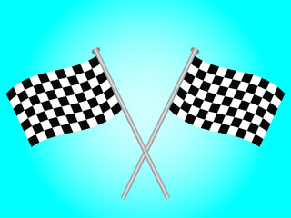 Two crossed over chequered flags on a blue background