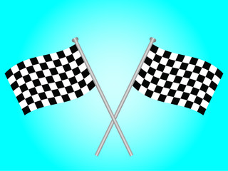 Two crossed over chequered flags on a blue background
