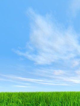 high resolution 3d green grass over blue sky with clouds