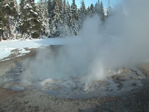 Steam flowing over Yellowstone National Park at dawn